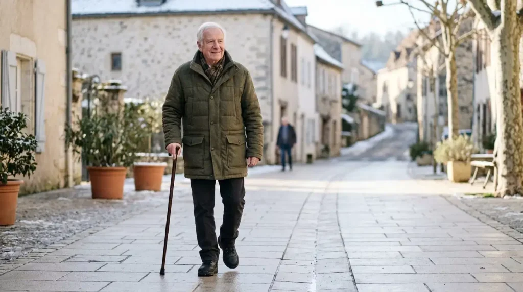 Homme senior marchant avec une canne sur une rue pavée dégagée en hiver