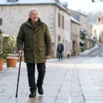 Homme senior marchant avec une canne sur une rue pavée dégagée en hiver