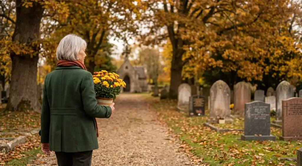 Femme senior en manteau vert portant un pot de chrysanthèmes sur une allée de cimetière en automne