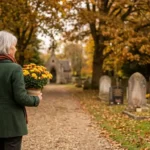 Femme senior en manteau vert portant un pot de chrysanthèmes sur une allée de cimetière en automne