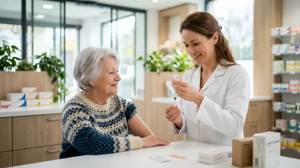 Pharmacienne préparant un vaccin contre la grippe pour une femme senior